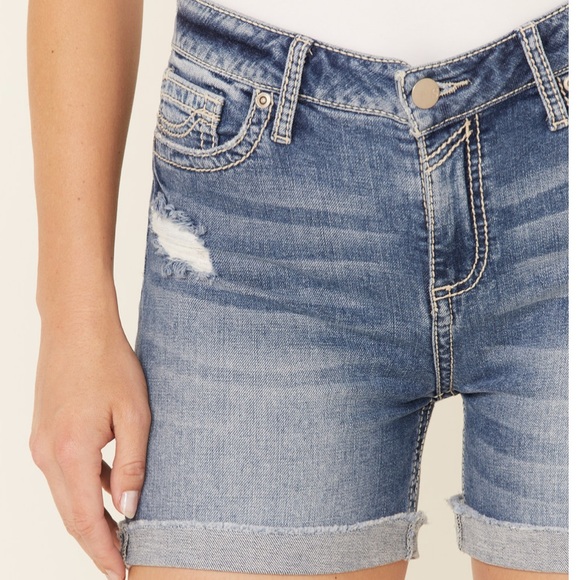 Sailey Jean shorts roll up high rise raw hemline blue size 28 & 29 NWT - Picture 3 of 9